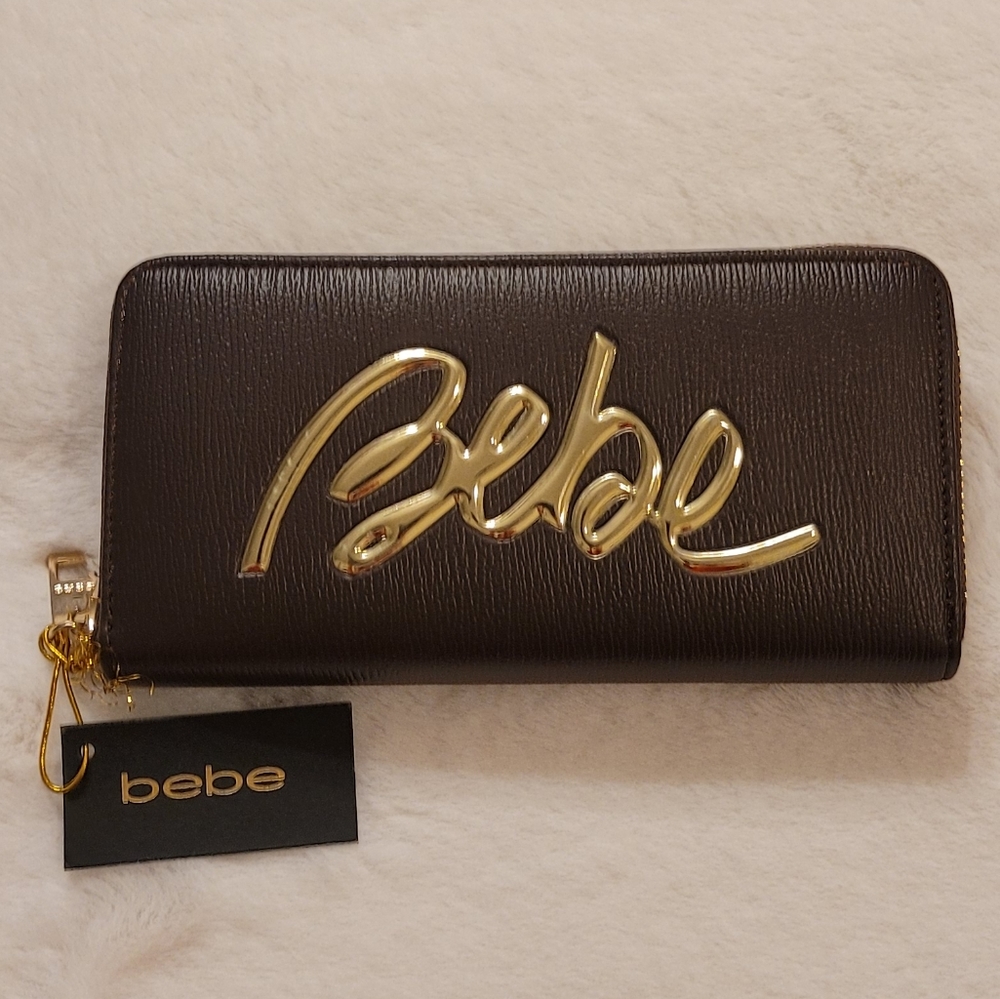 Bebe Gianna Chocolate Gold Logo Full Zip Clutch Wallet New With Tag